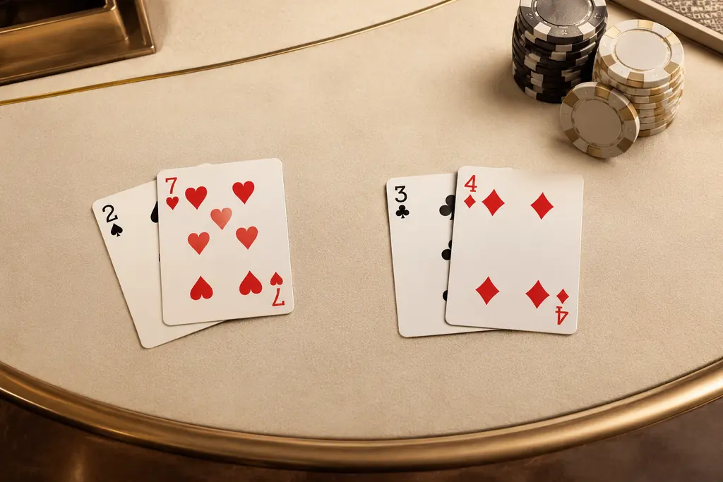 Dua susunan kartu terpisah di meja baccarat kasino
