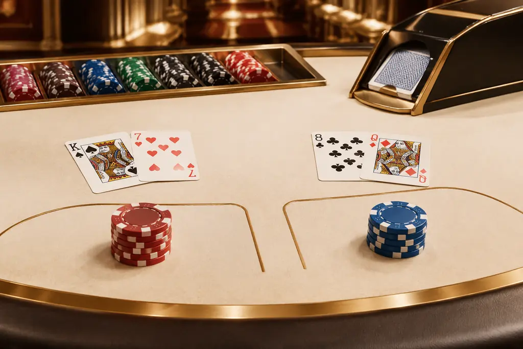 Kartu dan keping pada meja baccarat kasino