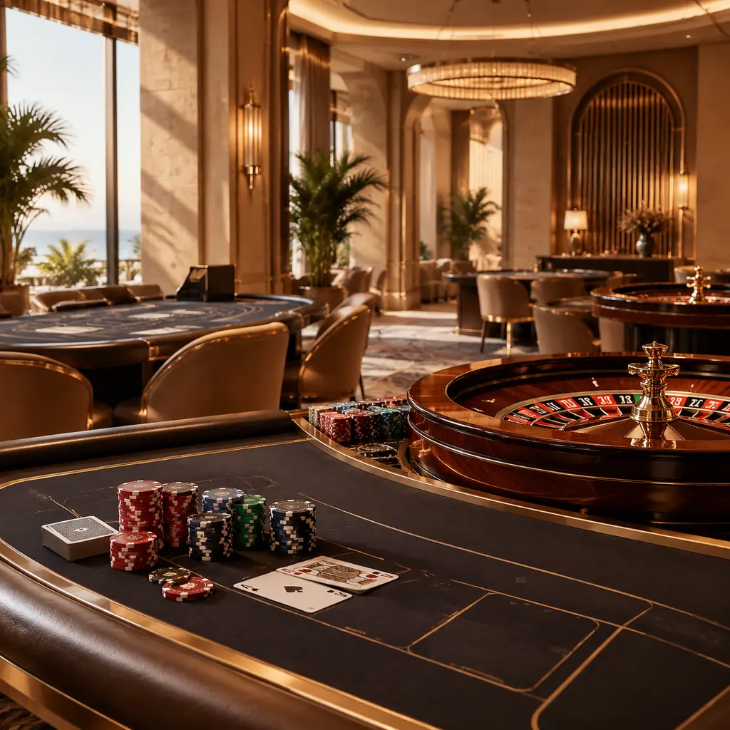 Ruang kasino dengan meja kartu dan jalur menuju roda roulette