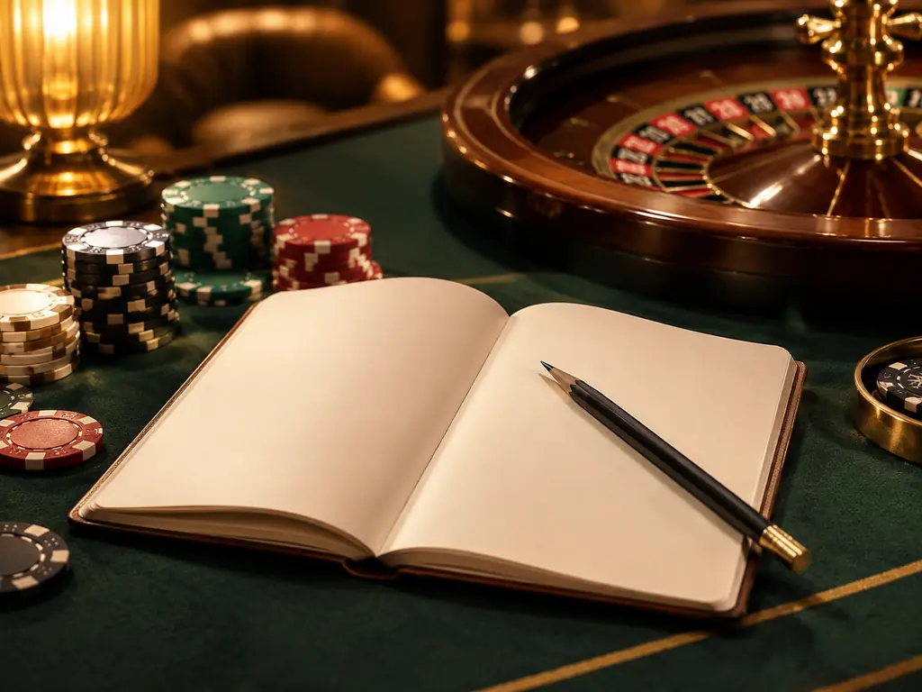 Buku catatan terbuka di dekat keping dan roda kasino