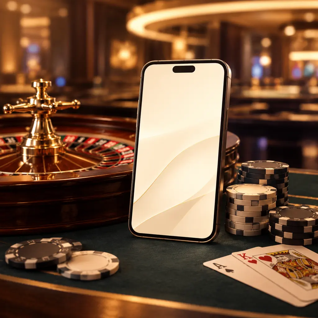 Ponsel dengan tampilan netral di dekat meja roulette kasino