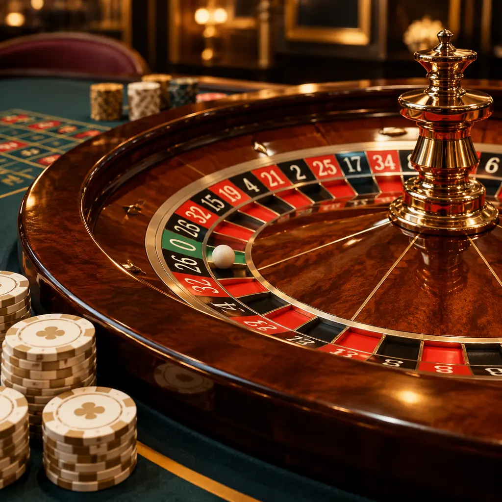 Roda roulette dengan bola putih dan keping kasino