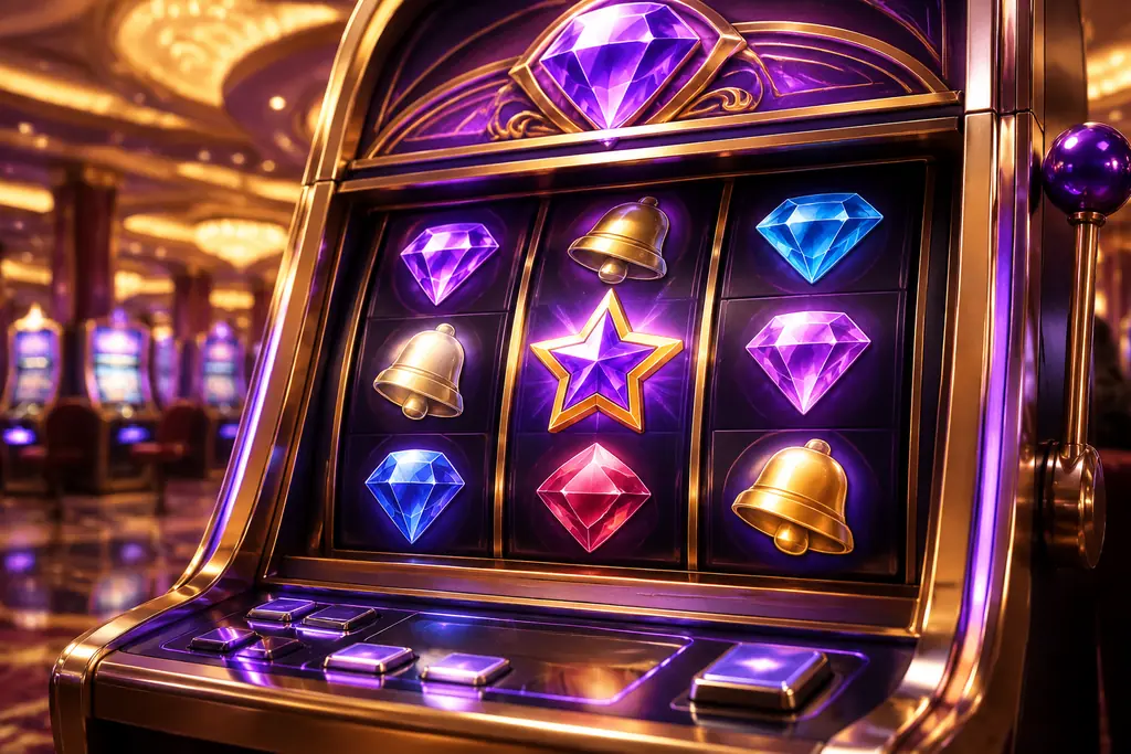 Mesin slot dengan simbol permata berwarna dalam ruang kasino